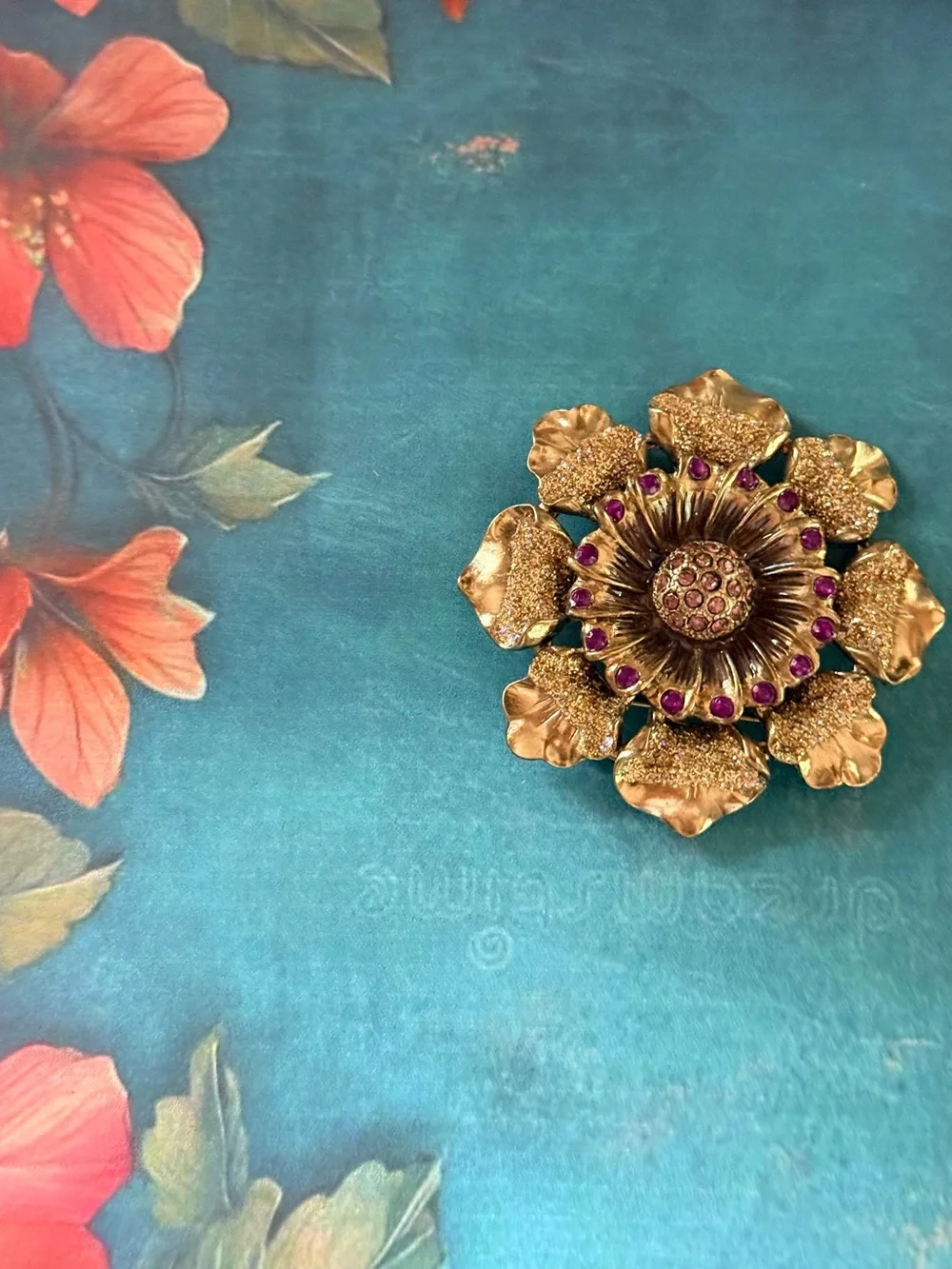 Gold-Tone Floral Statement Brooch with Pink Stones